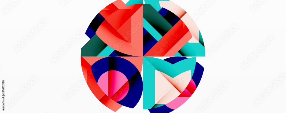Poster abstract geometric shapes overlap, creating vibrant circular design. colors include red, blue, teal,