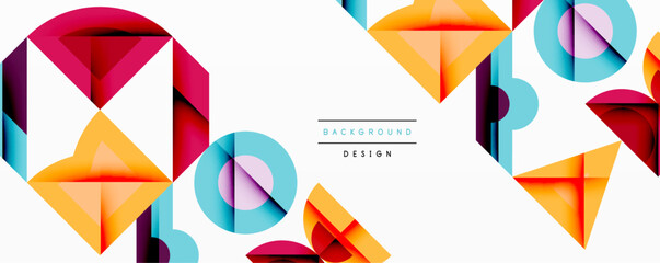 Abstract geometric shapes overlap, creating vibrant colorful design. Background features modern style, clean lines.