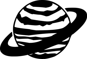 Black and white vector of a stylized ringed planet, likely Saturn, with horizontal bands. © Pictures