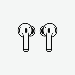 Simple black and white line drawing of wireless earbuds in a minimalist style. Bold outlines, clean design, perfect for tech graphics, icons, or digital illustrations.