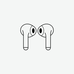 Simple black and white line drawing of wireless earbuds in a minimalist style. Bold outlines, clean design, perfect for tech graphics, icons, or digital illustrations.