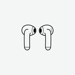 Simple black and white line drawing of wireless earbuds in a minimalist style. Bold outlines, clean design, perfect for tech graphics, icons, or digital illustrations.