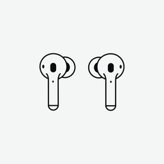 Simple black and white line drawing of wireless earbuds in a minimalist style. Bold outlines, clean design, perfect for tech graphics, icons, or digital illustrations.