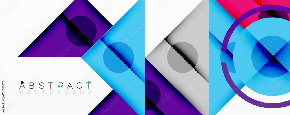 Poster geometric shapes overlap, creating vibrant color gradients. purple, blue, gray dominate composition.