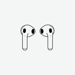Simple black and white line drawing of wireless earbuds in a minimalist style. Bold outlines, clean design, perfect for tech graphics, icons, or digital illustrations.