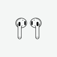 Simple black and white line drawing of wireless earbuds in a minimalist style. Bold outlines, clean design, perfect for tech graphics, icons, or digital illustrations.