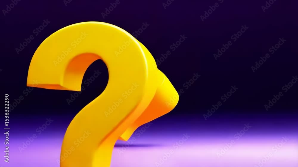 Poster bright yellow question mark symbol on a purple backdrop for uncertainty concepts and creative proble