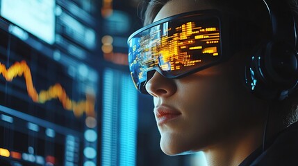 Futuristic Young Woman Immersed in Virtual Reality Data Analytics Technology