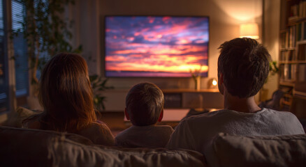 Family watching sunset on TV in cozy living room setting. Warm lighting creates relaxing atmosphere