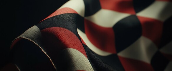 Elegant and Dramatic Close-Up of a Red, Black, and White Checkered Fabric with Smooth Textures and Natural Lighting