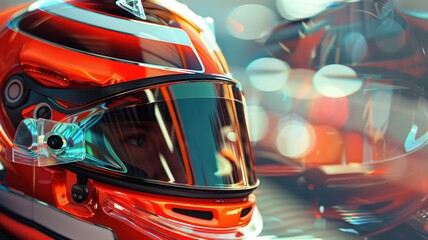A striking close-up of a racing helmet, showcasing vibrant reflections of team livery. The detailed design highlights the helmet's modern features and dynamic colors.