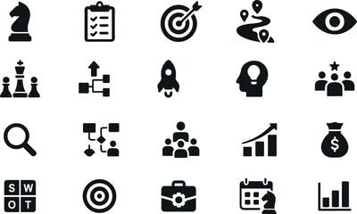 Strategic business icons set representing planning goals vision and growth in a simple black and white style