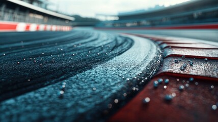 This close-up shot captures an empty F1 track, showcasing wet asphalt with water droplets. Ideal for themes of racing and speed.