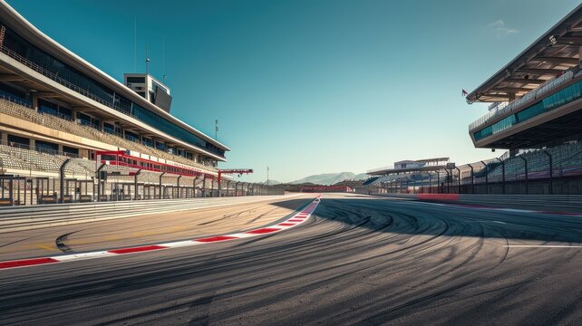 A stunning wide angle shot capturing an empty hairpin turn on a racetrack, showcasing the surrounding landscape, structures, and clear sky. Perfect for motorsport themes.