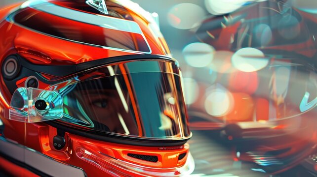 A striking close-up of a racing helmet, showcasing vibrant reflections of team livery. The detailed design highlights the helmet's modern features and dynamic colors.