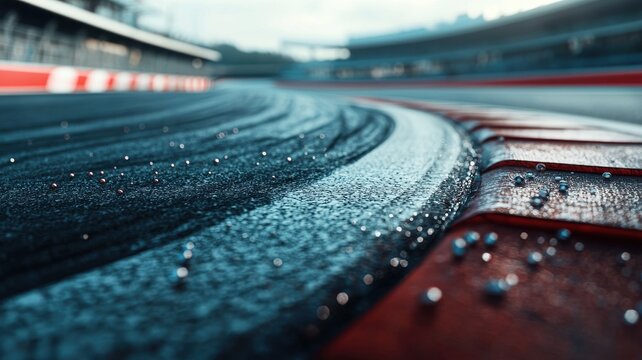 This close-up shot captures an empty F1 track, showcasing wet asphalt with water droplets. Ideal for themes of racing and speed.
