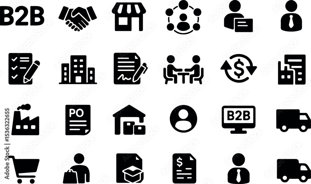 Poster best vector icons set representing various aspects of business to business transactions and operatio