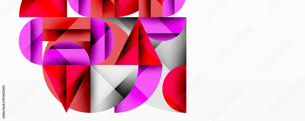 Poster abstract geometric composition. shapes overlap, creating vibrant red, pink, silver patterns. modern 