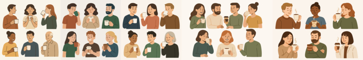 Vector Set People enjoying coffee or hot beverage

