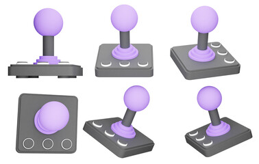 Purple Joystick Model from Multiple Views on Transparent Background, Vintage Gamepad Style Controller for Pixel Art Games and Creative Design, 3D Render