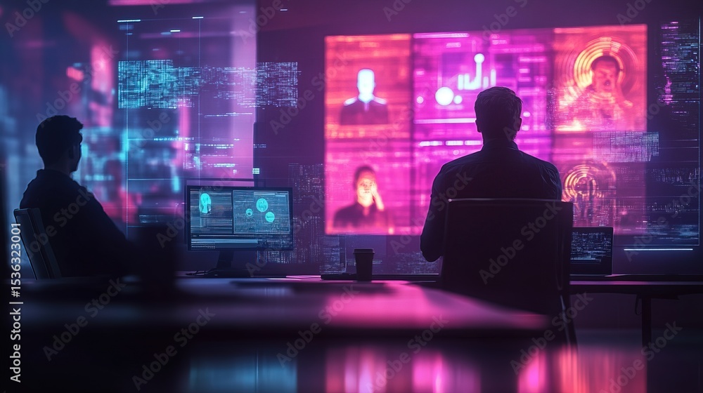 Aufkleber futuristic cyberpunk hacker sitting in front of multiple screen monitors illustration