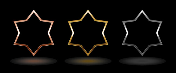 Obraz premium Shiny metal star frame. Isolated luxury pink gold, gold and silver six pointed star border on black background. Set of glossy geometric flat frame mockup design element.