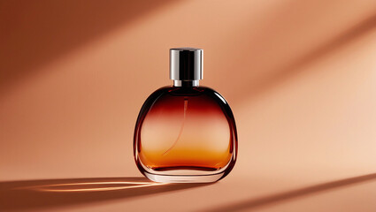 Amber glass perfume bottle with rich gradient tones, glowing light refraction, and matte orange background for a refined, elegant, and luxurious presentation.