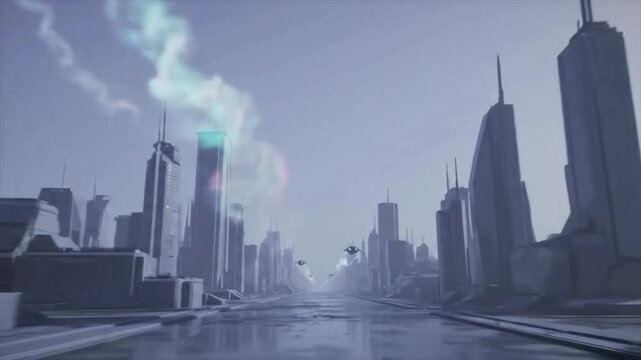 Futuristic city street highrise buildings flying vehicles vapor trails