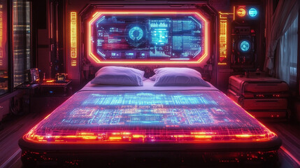 Overhead View of Glowing Data Visualization on a Bed, Sleep Monitoring AI InterfaceOverhead View of Glowing Data Visualization on a Bed, Sleep Monitoring AI Interface --chaos 15 --ar 16:9 --stylize 15