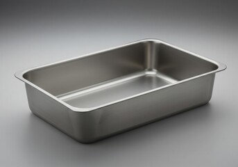 Rectangular stainless steel container on gray background