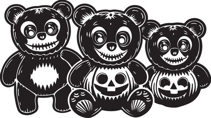 Spooky Halloween Teddy Bears with Pumpkin Designs Vector Illustration for Creepy Cute Holiday Decor and Festive Designs.
