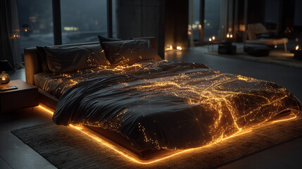 Overhead View of Glowing Data Visualization on a Bed, Sleep Monitoring AI InterfaceOverhead View of Glowing Data Visualization on a Bed, Sleep Monitoring AI Interface --chaos 15 --ar 16:9 --stylize 15