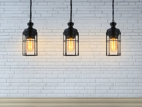 Three black pendant lamps hang from a white brick wall - Powered by Adobe