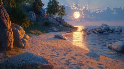 Tranquil lakeshore at sunset with full moon