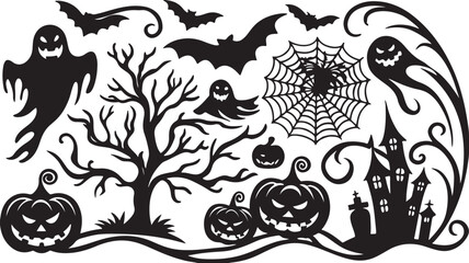 Spooky Silhouette Halloween Scene with Ghosts, Bats, Pumpkins, Haunted House and Spiderweb for Festive Decorations and Holiday Crafts.