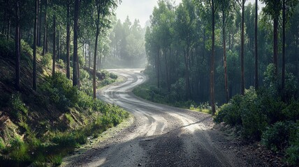 Obraz premium Discover a tranquil gravel track winding through a lush forest. Embrace the serenity of nature with mist and shadows enhancing this scenic landscape.