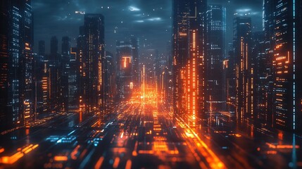 Obraz premium Futuristic Glowing Night Cityscape Illustration with Buildings and Abstract Light Trails