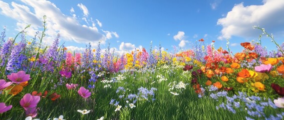 Vibrant meadow of wildflowers under a sunny sky