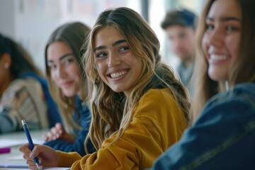 A group of smiling students are taking an exam in their classroom, writing on paper with pencils and highlighters