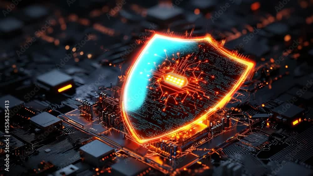 Poster a glowing digital shield symbolizes cybersecurity protection on a computer motherboard.