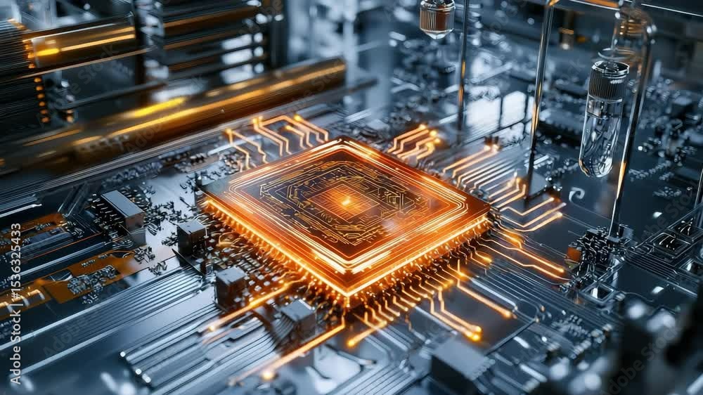 Poster A glowing microchip sits at the center of an advanced circuit board, highlighting modern technology and circuit connectivity.