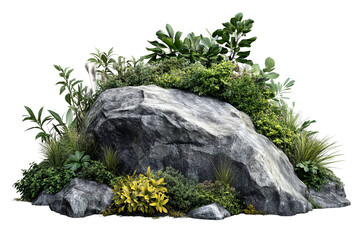 High-resolution rugged boulder framed by vibrant tropical foliage, isolated on transparent background PNG ideal for landscape composites, eco-themed branding visuals and botanical graphic design