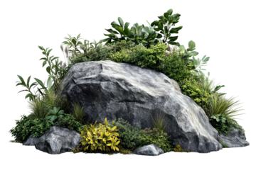 High-resolution rugged boulder framed by vibrant tropical foliage, isolated on transparent background PNG ideal for landscape composites, eco-themed branding visuals and botanical graphic design