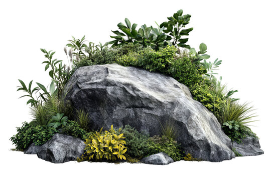 High-resolution rugged boulder framed by vibrant tropical foliage, isolated on transparent background PNG ideal for landscape composites, eco-themed branding visuals and botanical graphic design
