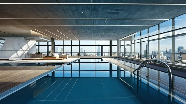 Modern indoor swimming pool with panoramic city views, featuring sleek design and natural light