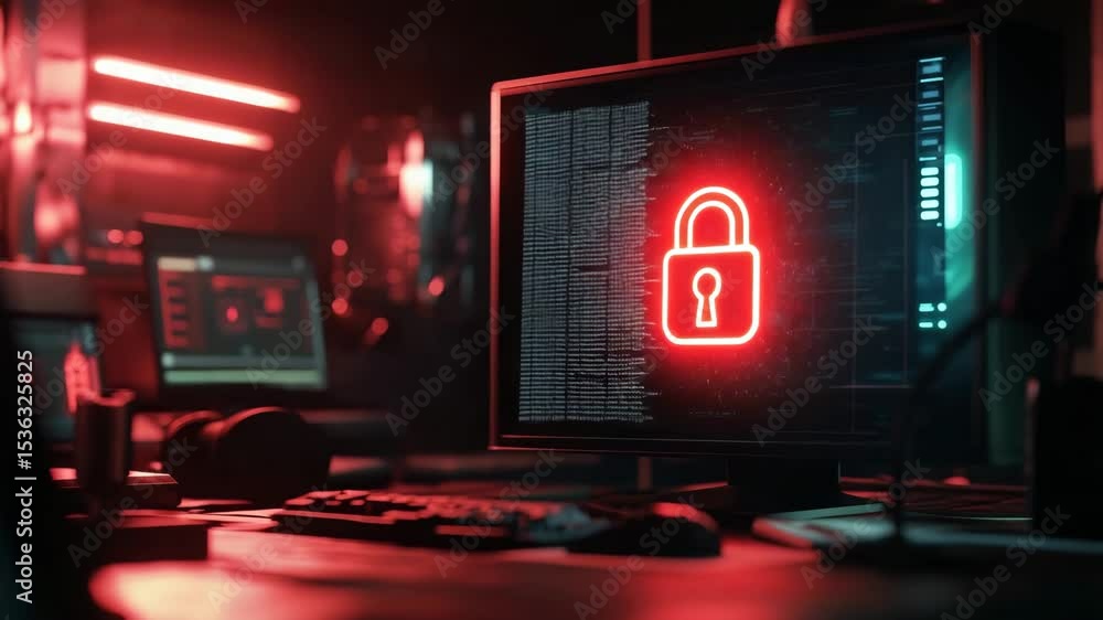 Poster A computer screen displays a bright red padlock icon, symbolizing cybersecurity and data protection in a dimly lit office setting.