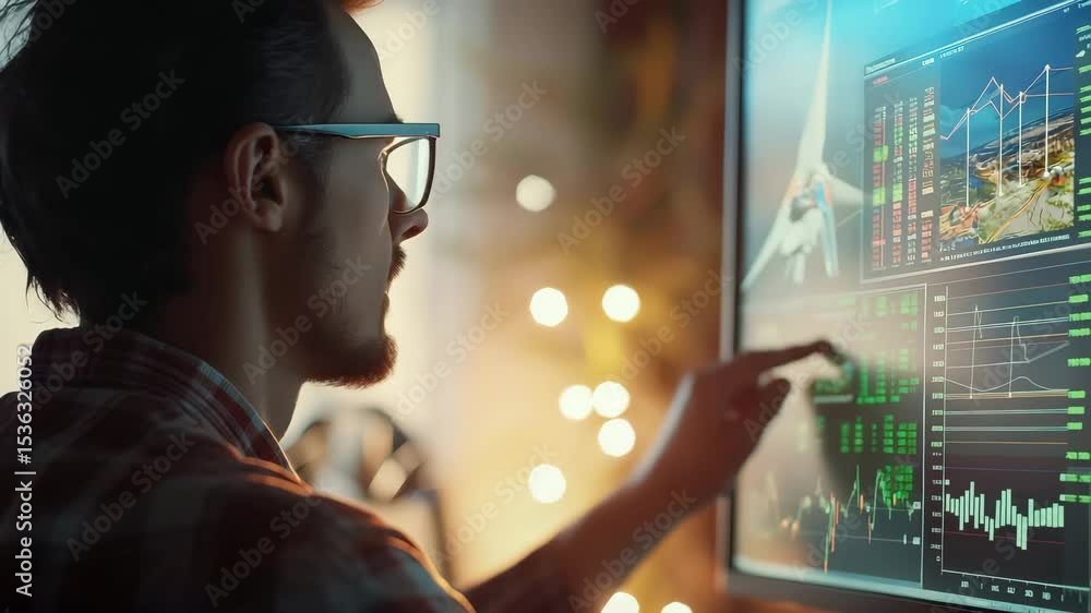 Poster A man in glasses analyzes financial charts and graphs on a large digital touchscreen display in a modern office setting.