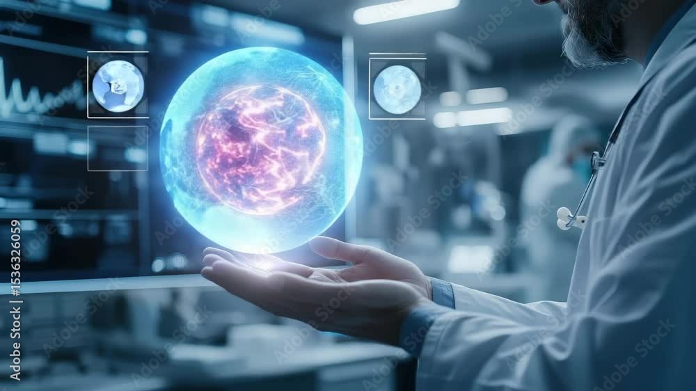 Poster a doctor holds out a hand towards a glowing digital brain model in a high-tech laboratory environmen