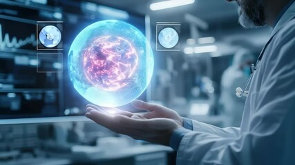 A doctor holds out a hand towards a glowing digital brain model in a high-tech laboratory environment. - Powered by Adobe