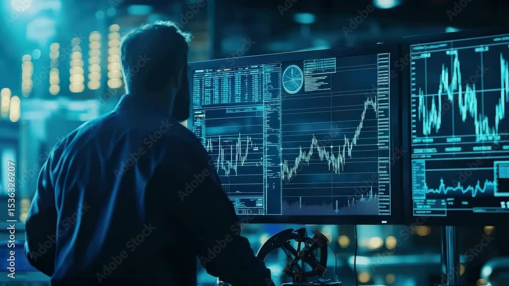 Poster A person studies multiple monitors displaying complex financial charts and data in a high-tech, blue-toned office environment.